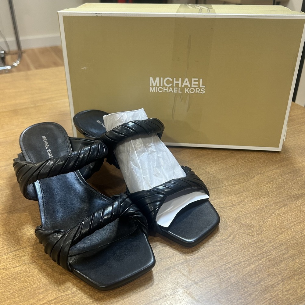 Michael Kors Kiana Mid Sandals Womens Size 6.5 Black Leather Slide Kitten Heels